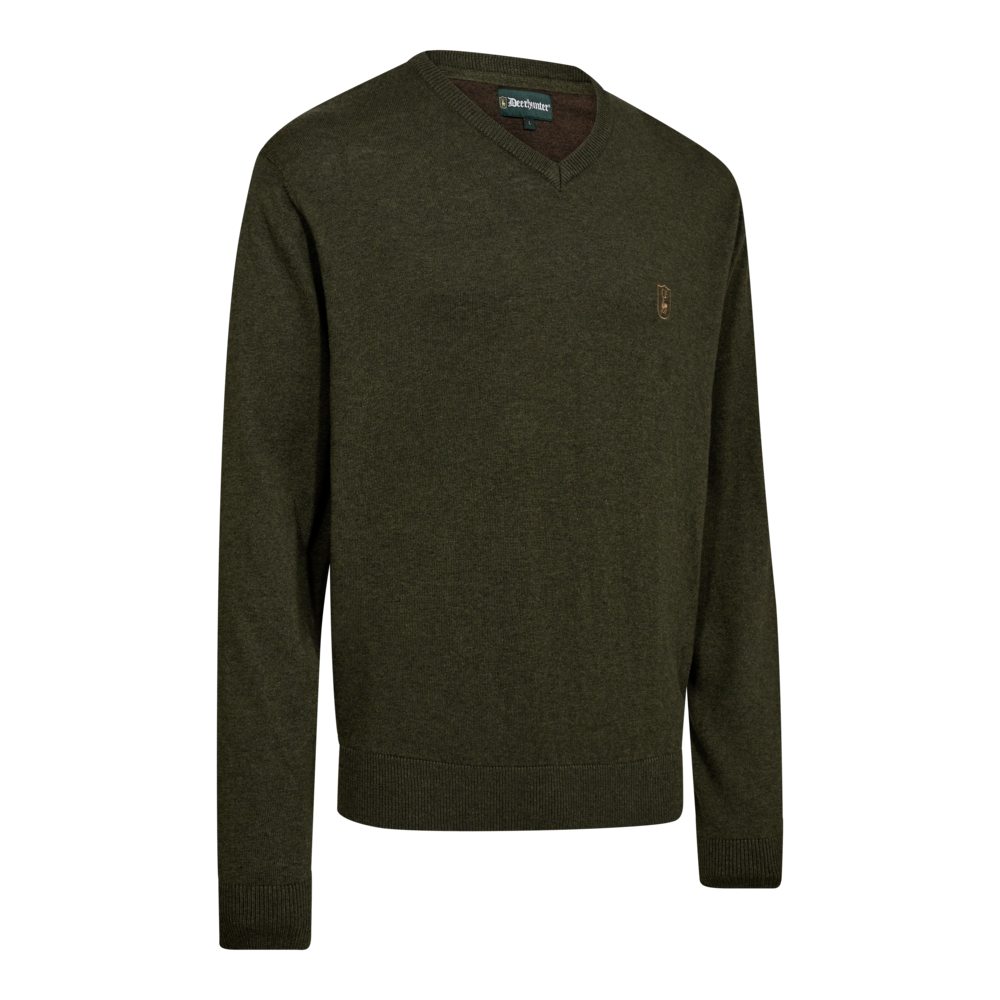Echipament vânătoare Deerhunter Pulover Lână Harrington V-Neck în culoarea Forest Ember Melange (368) - îmbrăcăminte premium pentru activități outdoor pe marksmen.ro